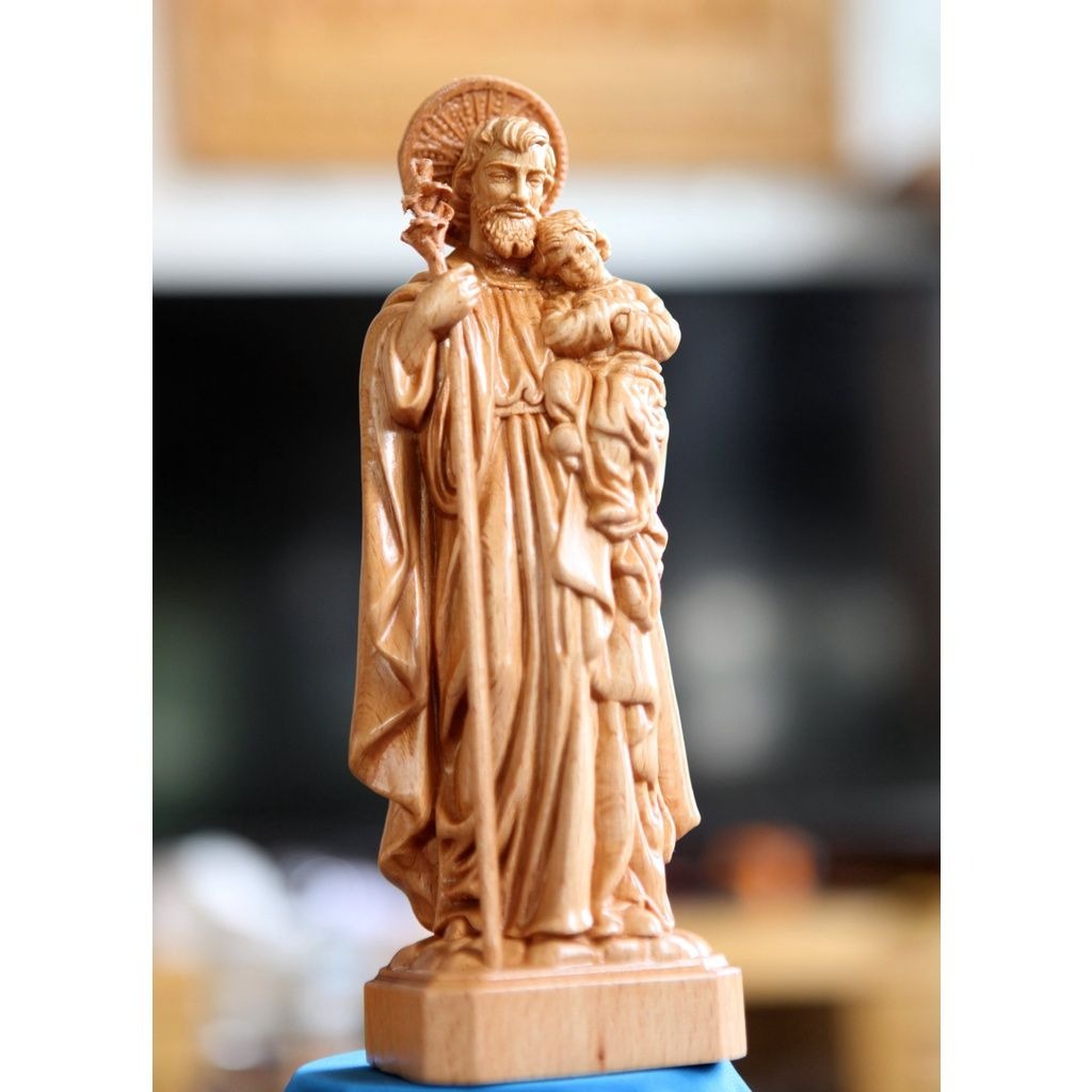 Wooden St. Joseph Statue with Baby Jesus, Catholic Christian Religious Figure for Home or Church